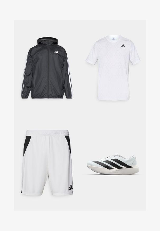 Čierna vetrovka s kapucňou, vyrobená z hladkého, ľahkého materiálu. Má biele pruhy pozdĺž rukávov a logo na hrudi.; Biele tričko s krátkym rukávom so jemným diamantovým vzorom, vyrobené z ľahkej tkaniny, s čiernym logom adidas na hrudi.; Biele atletické šortky s čiernym bočným panelom, elastickým pásom a logom Adidas na dolnej pravej nohe. Vyrobené z ľahkej tkaniny.; Ľahké bežecké topánky v svetlomodrej farbe s čiernymi pruhmi. Majú hladký zvršok, okrúle špičky a hrubú bielu medzipodrážku označenú "LIGHTSTRIKE PRO."