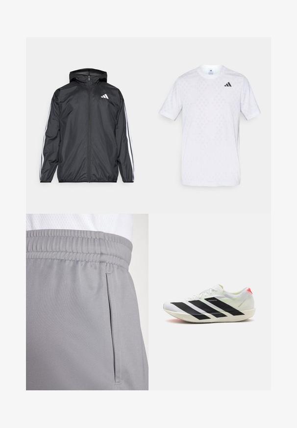 Must hele musta tuulejope, millel on kapuuts ja mis on valmistatud siledast, kergest materjalist. Omab valgeid triipasid varrukatel ja logo rinnal.; Valge lühikeste varrukatega T-särk, millel on peen teemantmuster, valmistatud kerge kangaga, musta adidasi logoga rinnal.; Hallid hallid spordilühikesed, mis on valmistatud kerge kangaga, elastse vöökoha ja küljetaskuga. Sile tekstuur koos maheda õmblusdetailiga.; Valged sportlikud kingad mustade diagonaalsete triipudega, kerge võrgumaterjal, rohelised aktsendid ja punane kand; omavad sujuvat ja piklikku disaini.