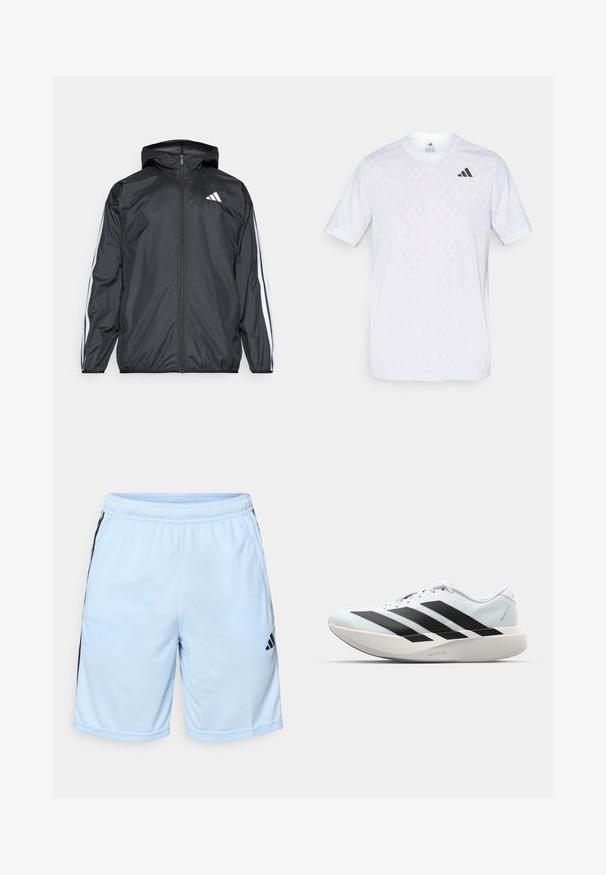 Čierna vetrovka s kapucňou, vyrobená z hladkého, ľahkého materiálu. Má biele pruhy pozdĺž rukávov a logo na hrudi.; Biele tričko s krátkym rukávom so jemným diamantovým vzorom, vyrobené z ľahkej tkaniny, s čiernym logom adidas na hrudi.; adidas Performance Športové šortky - glow blue/black; Ľahké bežecké topánky v svetlomodrej farbe s čiernymi pruhmi. Majú hladký zvršok, okrúle špičky a hrubú bielu medzipodrážku označenú "LIGHTSTRIKE PRO."