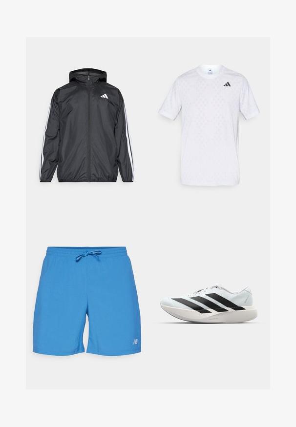 Casaco corta-vento preto com capuz, feito de material liso e leve. Apresenta riscas brancas ao longo das mangas e um logótipo no peito.; T-shirt branca de mangas curtas com um padrão discreto de diamantes, feita de tecido leve, com o logótipo preto da adidas no peito.; New Balance ESSENTIALS - Calções desportivos - blue agate; Tênis de corrida leves em azul pálido com riscas pretas. Apresentam um cabedal liso, bico redondo e uma entressola espessa branca rotulada como "LIGHTSTRIKE PRO."