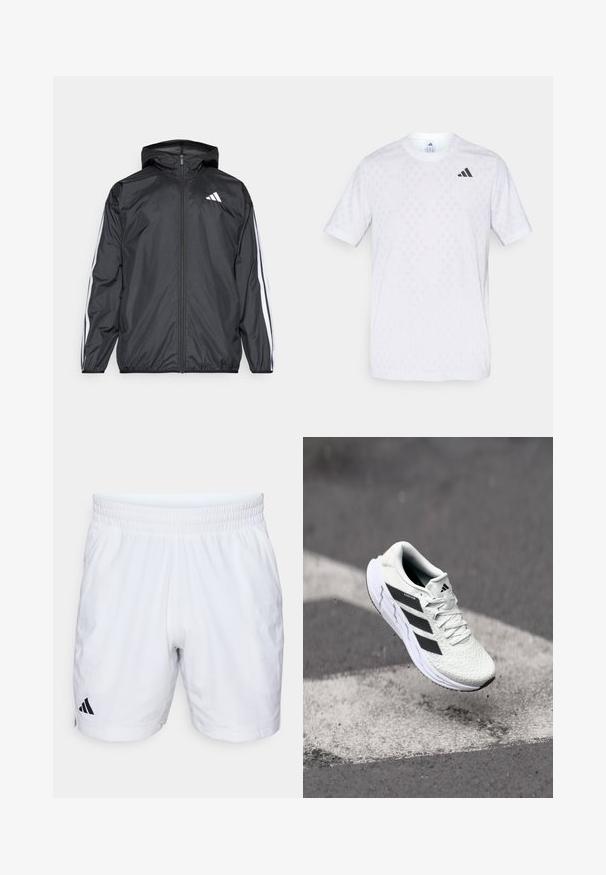 Zwarte windbreaker met capuchon, gemaakt van glad, lichtgewicht materiaal. Heeft witte strepen langs de mouwen en een logo op de borst.; Witte t-shirt met korte mouwen, voorzien van een subtiel ruitpatroon, gemaakt van lichte stof, met een zwart adidas-logo op de borst.; Witte sportshorts met een elastische tailleband, gemaakt van een textuurstof en voorzien van een zwart Adidas-logo aan de onderzijde van de linkerzijde.; Witte sportschoen met een textuur van mesh, zwarte strepen, vetersluiting en een gevoerde zool, zwevend boven een gemarkeerd wegoppervlak.