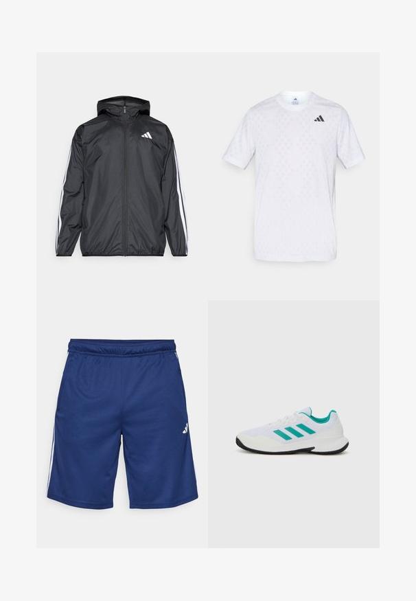 Juodas vėjaračius striukė su gobtuvu, pagaminta iš glotnaus, lengvo medžiagos. Turtingi balti dryžiai palei rankoves ir logotipas ant krūtinės.; Balti trumpa rankovė t-shirto viršutinė dalis su subtiliu deimantų raštu, pagaminta iš lengvo audinio, su juodu adidas logotipu ant krūtinės.; Mėlyni sportiniai šortai su elastinga juosmena, šoninėmis kišenėmis ir baltais šonų dryžiais. Pagaminti iš lengvos, kvėpuojančios medžiagos.; Baltos sportinės bateliai su turkio akcentais, tinklinė viršutinė dalis, trys lygiagrečios juostos šone, struktūrizuotas kulnas ir juodas guminis padas.