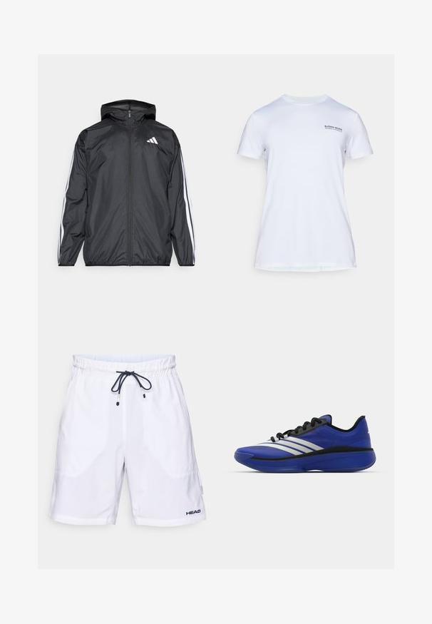 Čierna vetrovka s kapucňou, vyrobená z hladkého, ľahkého materiálu. Má biele pruhy pozdĺž rukávov a logo na hrudi.; Biele športové tričko s krátkym rukávom s potlačou textu "Björn Borg Training Club Monaco" na hornej ľavej strane hrudníka.; Biele plavky s viazaním v páse a námorníckymi akcentmi, s bočnými vreckami a logom na dolnom ľavom rohu. Ľahký materiál.; adidas Performance ADIZERO SELECT 3.0 - Basketbalová obuv - lucid blue/core black/metallic