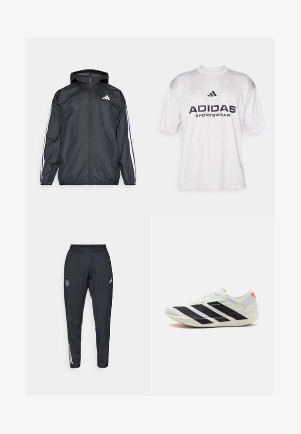 Juodas vėjaračius striukė su gobtuvu, pagaminta iš glotnaus, lengvo medžiagos. Turtingi balti dryžiai palei rankoves ir logotipas ant krūtinės.; adidas Sportswear TIRO TEE - Marškinėliai su spaudiniu - grey one/black; Juodos sportinės kelnės su elastingu juosmeniu, siuvinėtu logotipu ant šlaunies ir baltais dryžiais, juosiančiais šonus.; Balti sportiniai batai su juodais įstrižais raižiniais, lengvas tinklinis audinys, žali akcentai ir raudona kulno juosta; pasižymi elegantišku, pailgu dizainu.