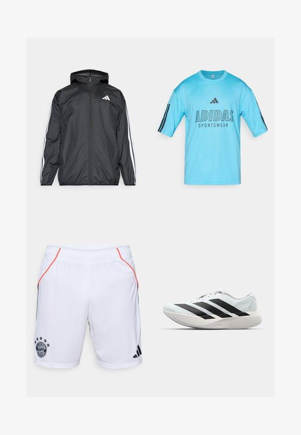 Schwarze Windjacke mit Kapuze, aus glattem, leichtem Material. Hat weiße Streifen entlang der Ärmel und ein Logo auf der Brust.; Hellblaue Adidas Sportbekleidung aus Mesh-Gewebe. Verfügt über kurze Ärmel, einen gerippten Rundhalsausschnitt und ein schwarzes Logo sowie Text auf der Vorderseite.; Weiße Sportshorts mit schwarzen und orangefarbenen Akzenten. Mit dem Logo des FC Bayern München und drei schwarzen Streifen an der Seite. Leichtes Material.; Leichte Laufschuhe in hellblau mit schwarzen Streifen. Sie verfügen über ein glattes Obermaterial, eine runde Zehenpartie und eine dicke weiße Zwischensohle, die mit "LIGHTSTRIKE PRO" beschriftet ist.