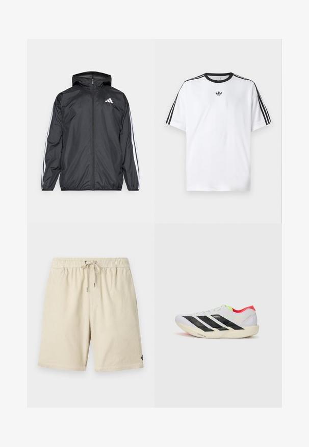 Schwarze Windjacke mit Kapuze, aus glattem, leichtem Material. Hat weiße Streifen entlang der Ärmel und ein Logo auf der Brust.; Weißes T-Shirt aus Baumwolle mit einem schwarzen, runden Halsausschnitt und drei schwarzen Streifen auf jeder Schulter. Kleines schwarzes Logo auf der Brust.; Beige Cordshorts mit elastischem Bund und Kordelzug, ausgestattet mit einer dezenten vertikalen Rippstruktur und einem kleinen Etikett an der Seite.; Weißer Sportschuh mit schwarzen Streifen, neongrünen Akzenten und einer roten Ferse. Hat ein leichtes Design und eine strukturierte Sohle für besseren Grip.