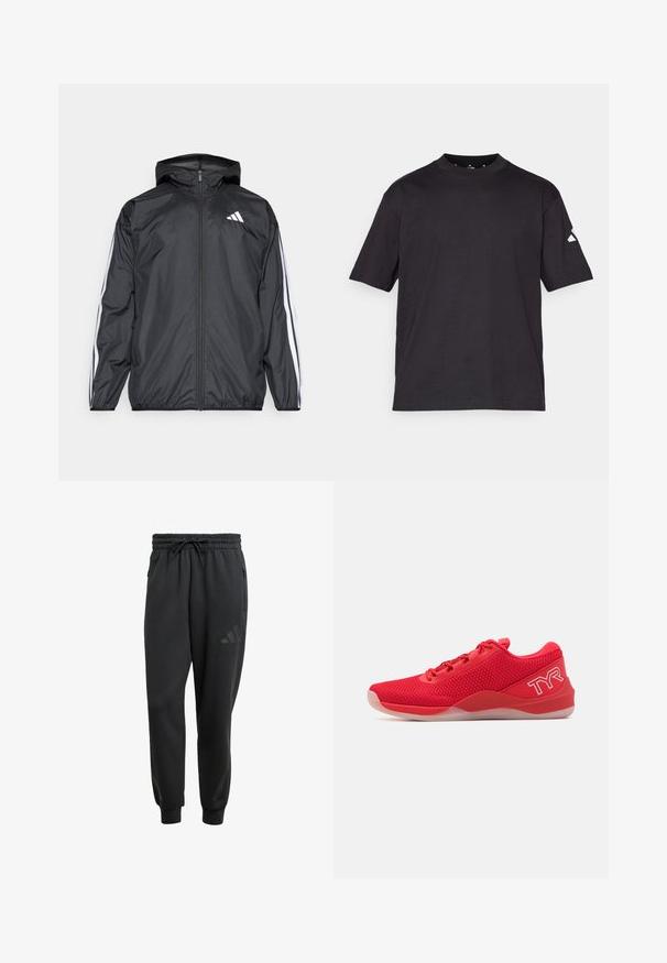 Jachetă neagră de vânt cu glugă, realizată dintr-un material neted și ușor. Prezintă dungi albe pe mâneci și un logo pe piept.; Tricou scurt negru din bumbac moale. Dispune de un guler rotund și un mic logo triangular alb pe mâneca stângă.; Pantaloni de trening negri cu talie elastică, închidere cu șnur, buzunare laterale cu fermoar și un logo discret imprimat pe coapsa stângă.; TYR CXT2 - Pantofi training - red/white