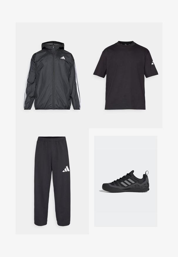 Juodas vėjaračius striukė su gobtuvu, pagaminta iš glotnaus, lengvo medžiagos. Turtingi balti dryžiai palei rankoves ir logotipas ant krūtinės.; Juodas trumpomis rankovėmis marškinėliai iš minkštos medvilnės. Yra apvalus kaklas ir mažas baltas trikampis logo kairiajame rankovėje.; Juodos laisvos sportinės kelnės su elastingu liemeniu ir baltu geometriniu logotipu ant kairiojo kojos. Lygi audinio tekstūra.; Juodos sportinės bateliai su tinkline viršutine dalimi, guminėmis pirštų apsaugomis, pilkiais Adidas dryžiais ir tekstūruotu padu, užtikrinančiu geresnį sukibimą.