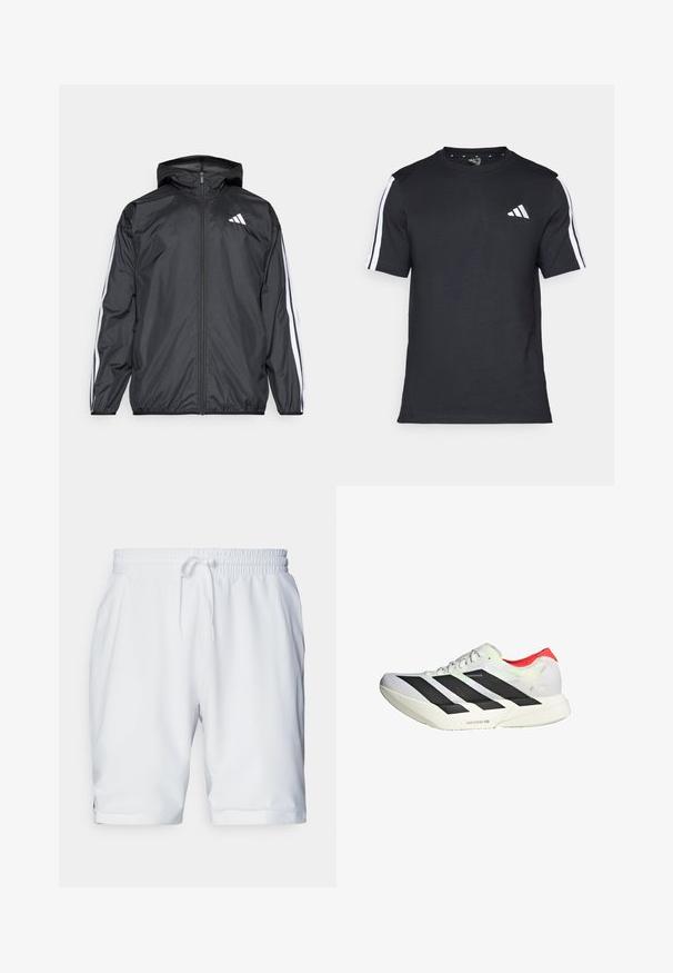 Jachetă neagră de vânt cu glugă, realizată dintr-un material neted și ușor. Prezintă dungi albe pe mâneci și un logo pe piept.; Tricou negru din bumbac, cu mâneci scurte, având dungi albe pe umeri și un logo alb pe pieptul stâng.; Shorts sportive albe cu talie elastică și șnur ajustabil. Țesătură netedă cu o textură subtilă, având buzunare laterale.; Adidași albi cu dungi diagonale negre, accente roșii la călcâi și o suprafață texturată; dispune de amortizare LIGHTSTRIKE PRO.