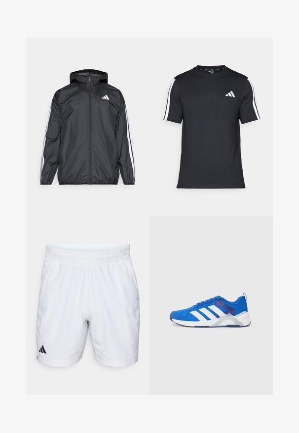 Schwarze Windjacke mit Kapuze, aus glattem, leichtem Material. Hat weiße Streifen entlang der Ärmel und ein Logo auf der Brust.; Schwarzes T-Shirt aus Baumwolle mit kurzen Ärmeln, ausgestattet mit weißen Streifen auf den Schultern und einem weißen Logo auf der linken Brust.; Weiße Sportshorts mit einem elastischen Bund, aus einem strukturierten Stoff und mit einem schwarzen Adidas-Logo auf der unteren linken Seite.; Blaue Sportschuhe aus atmungsaktivem Mesh mit weißen Streifen, strukturiertem Zehenbereich und einer gepolsterten Sohle für Unterstützung und Traktion.