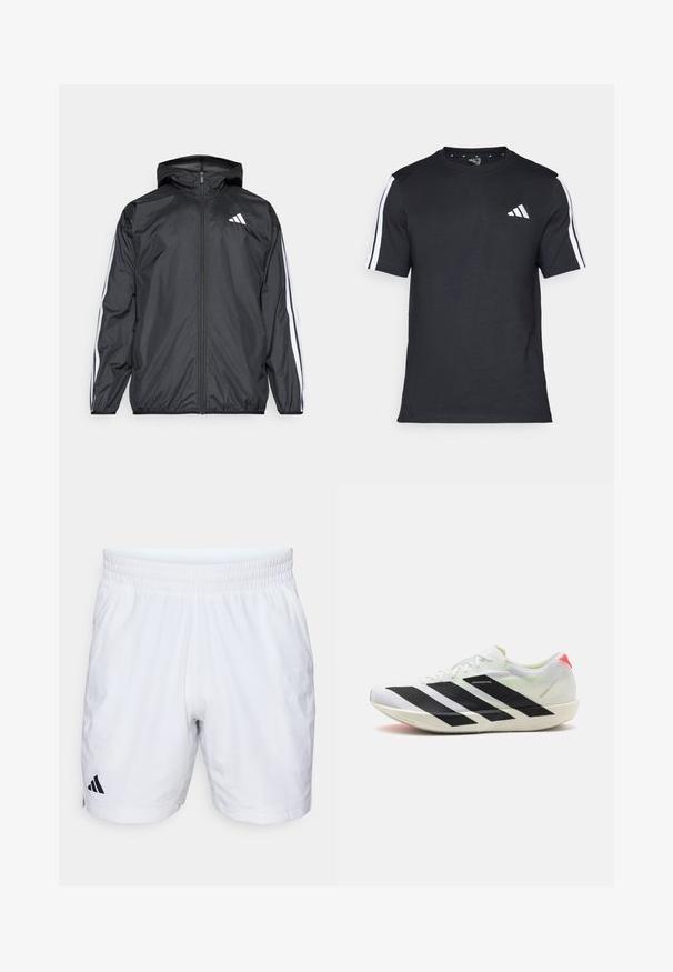 Zwarte windbreaker met capuchon, gemaakt van glad, lichtgewicht materiaal. Heeft witte strepen langs de mouwen en een logo op de borst.; Zwarte T-shirt van katoen met korte mouwen, met witte strepen op de schouders en een wit logo op de linkerkant van de borst.; Witte sportshorts met een elastische tailleband, gemaakt van een textuurstof en voorzien van een zwart Adidas-logo aan de onderzijde van de linkerzijde.; Witte sportieve schoen met zwarte diagonale strepen, gemaakt van lichtgewicht mesh materiaal, groene accenten en een rode hielstrook; heeft een slank, verlengd ontwerp.