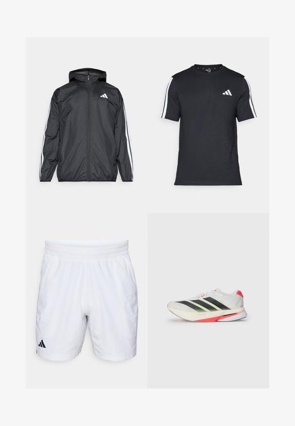 Czarna kurtka typu windbreaker z kapturem, wykonana z gładkiego, lekkiego materiału. Posiada białe paski wzdłuż rękawów oraz logo na piersi.; Czarna koszulka z krótkim rękawem, wykonana z bawełny, z białymi paskami na ramionach i białym logo po lewej stronie klatki piersiowej.; Białe sportowe szorty z elastycznym paskiem w talii, wykonane z teksturowanej tkaniny, z czarnym logo Adidasa na dolnej lewej stronie.; Biały but sportowy z czarnymi i neonowymi zielonymi paskami, teksturowaną cholewką, czerwonymi akcentami na pięcie i lekką podeszwą.