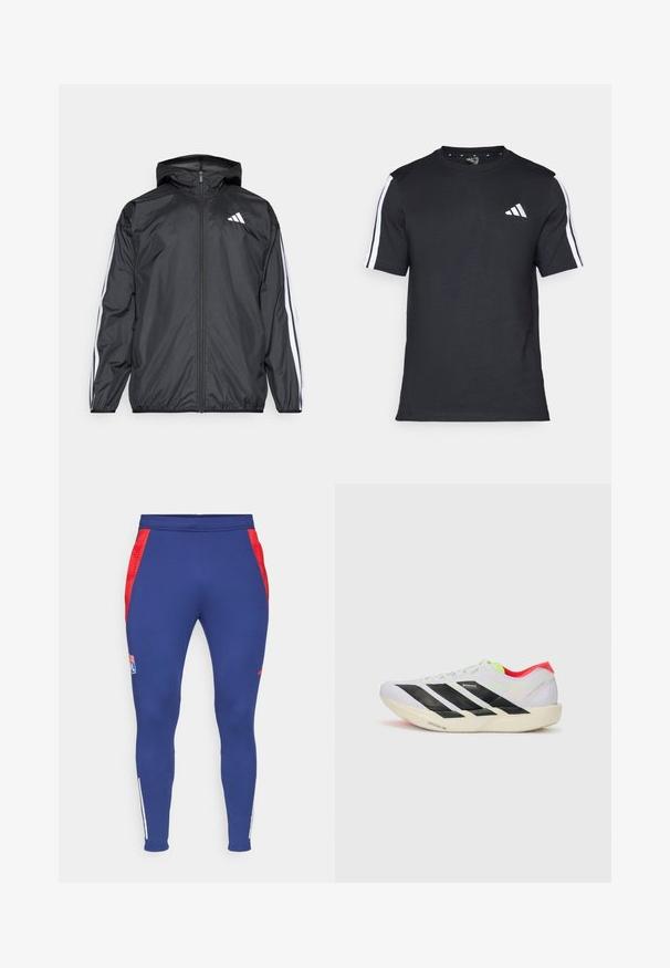 Svart vindjacka med huva, tillverkad av ett smidigt och lätt material. Har vita ränder längs ärmarna och en logotyp på bröstet.; Svart T-shirt i bomull med korta ärmar, prydd med vita ränder på axlarna och en vit logotyp på vänster bröst.; Marina atletiska byxor med röda sidorpaneler, en logotyp på låret och vita ränder vid anklarna. Tillverkade av ett elastiskt och mjukt tyg.; Vit löparskor med svarta ränder, neongröna accenter och en röd häl. Har en lätt vikt och en strukturerad sula för grepp.