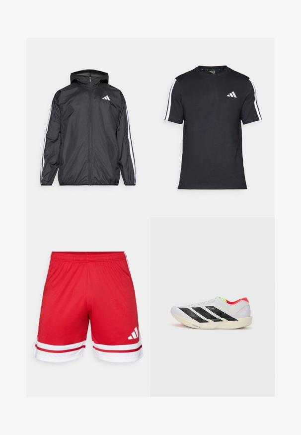 Svart vindjakke med hette, laget av glatt, lett materiale. Har hvite striper langs ermene og et logo på brystet.; Svart T-skjorte laget av bomull med korte ermer, med hvite striper på skuldrene og en hvit logo på venstre bryst.; Røde sportsshorts laget av glatt materiale, med en hvit stripe ved kanten og tre hvite striper på sidene.; Hvite joggesko med svarte striper, neongrønne detaljer og rød hæl. Har et lett design og teksturert såle for grep.