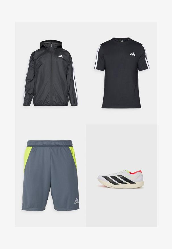 Črna vetrovka s kapuco, izdelana iz gladkega, lahkega materiala. Ima bele črte ob rokavih in logo na prsih.; Črna majica z kratkimi rokavi iz bombaža, z belimi črtami na ramenih in belim logotipom na levem prsnem delu.; Sive športne kratke hlače z neonsko zelenimi stranskimi paneli, elastičnim pasom in majhnim srebrnim logotipom na spodnjem desnem delu. Gladek tekstilni material.; Bela športna obutev z črnimi črtami, neonsko zelenimi poudarki in rdečo peto. Ima lahko zasnovo in teksturiran podplat za dober oprijem.