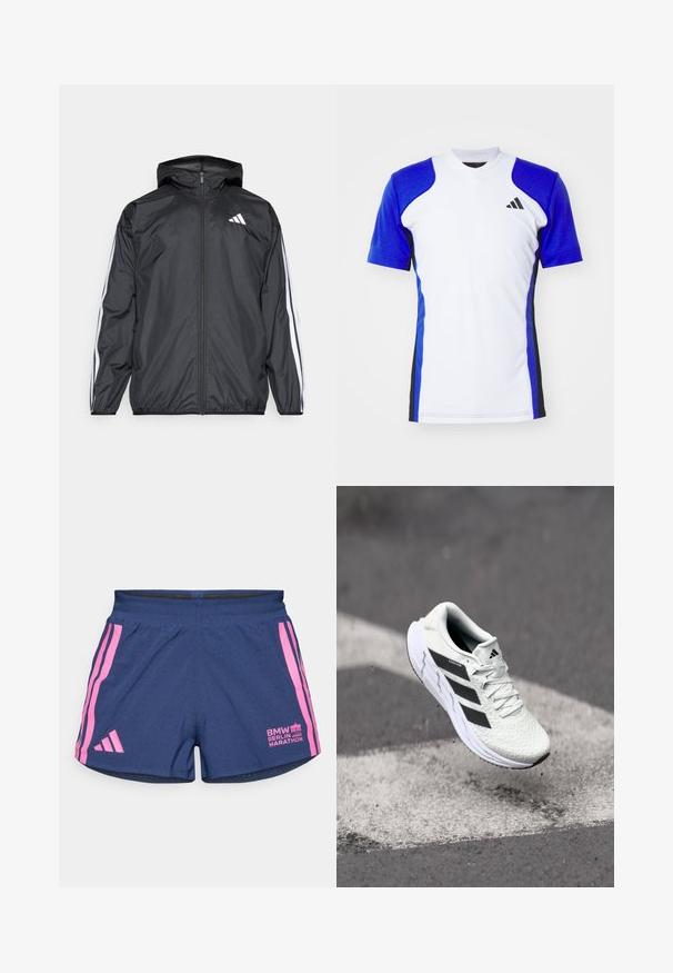 Schwarze Windjacke mit Kapuze, aus glattem, leichtem Material. Hat weiße Streifen entlang der Ärmel und ein Logo auf der Brust.; Kurzes Sportshirt in Weiß mit blauen Ärmeln, ausgestattet mit schwarzen seitlichen Akzenten und einem kleinen schwarzen Logo auf der Brust. Glatte Stoffoberfläche.; adidas Performance BER25 SPLIT SHORT - Kurze Sporthose - collegiate navy; Weiße Sportschuh mit strukturiertem Mesh-Obermaterial, schwarzen Streifen, Schnürverschluss und gepolstertem Sohlen, schwebt über einer markierten Straßenoberfläche.