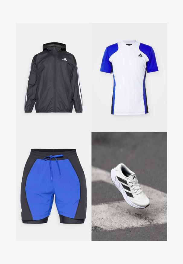 Black windbreaker jacket with a hood, made of smooth, lightweight material. Features white stripes along sleeves and a logo on the chest.; Short-sleeve athletic shirt in white with blue sleeves, featuring black side accents and a small black logo on the chest. Smooth fabric finish.; Blue and black athletic shorts with an elastic waistband, drawstring, textured fabric, and contrasting side panels. Features inner shorts.; White athletic shoe with textured mesh upper, black stripes, lace closure, and a cushioned sole, levitating above a marked road surface.