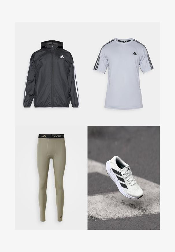 Čierna vetrovka s kapucňou, vyrobená z hladkého, ľahkého materiálu. Má biele pruhy pozdĺž rukávov a logo na hrudi.; Svetlošedé športové tričko na krátky rukáv vyrobené z priedušného materiálu. Obsahuje čierne trojpruhové akcenty na pleciach a malé logo na hrudi.; adidas Performance TF BASE - Legíny - silver pebble; Biele športové tenisky s textúrovaným sieťovaným zvrškom, čiernymi pruhmi, šnurovaním a polstrovanou podrážkou, levitujúce nad označeným povrchom cesty.