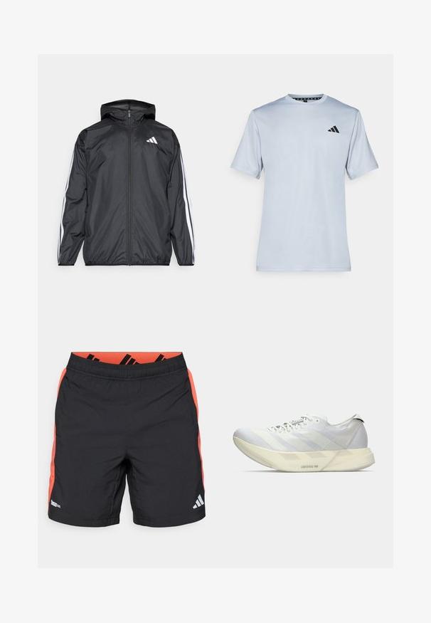 Crna jakna s kapuljačom, izrađena od glatkog, laganog materijala. Sadrži bijele pruge duž rukava i logo na prsima.; adidas Performance Sportska majica - halo silver-coloured/black; Crne atletske kratke hlače s narančastim bočnim panelima, elastičnom strukom i reflektirajućim Adidas logom na desnoj nozi, oznakom Climacool tkanine na lijevoj strani.; Lagana bijela i siva tenisica za trčanje s debelim potplatima označena "Lightstrike Pro", s vezicama sprijeda i minimalističkim dizajnom.