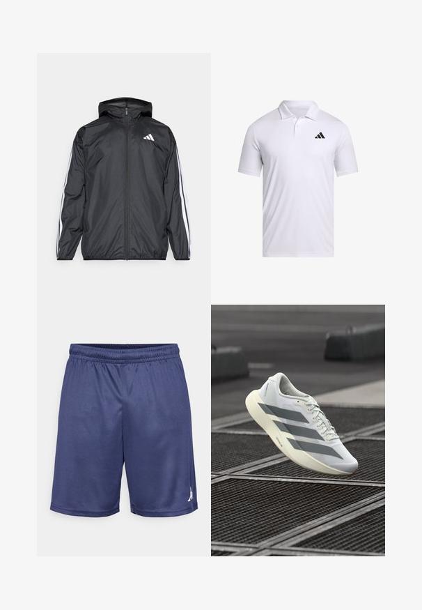 Mustakainen tuulitakki, jossa on huppu, valmistettu sileästä ja kevyestä materiaalista. Tässä takissa on valkoiset raidat hihoissa ja logo rinnassa.; Valkoinen polo-paita, joka on valmistettu hengittävästä kankaasta, kauluksella, lyhyillä hihoilla ja mustalla Adidas-logolla vasemmassa rinnassa.; Tummansiniset urheilushortsit, jotka on valmistettu kosteutta siirtävästä kankaasta. Niissä on joustava vyötärö ja pieni logo alhaalla.; Valkoinen urheilukenkä, jossa on teksturoitu verkkokangas päällinen, harmaat raidat ja pehmustettu pohja. Kevyt muotoilu, joka sopii juoksuun.