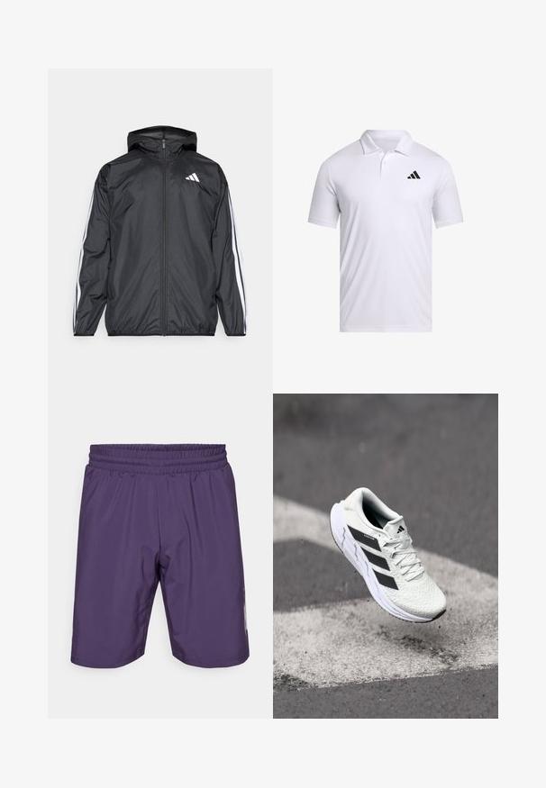 Melnā vēja izolācija jaka ar kapuci, izgatavota no gluda, viegla materiāla. Iekļautas baltas svītras gar piedurknēm un logo uz krūšu.; Balts polo krekls, kas izgatavots no elpojoša materiāla, ar apkakli, īsām piedurknēm un melnu Adidas logo kreisajā krūtī.; Violet sporta šorti ar elastīgu jostu, gludu tekstūru un sānu akcentiem. Iespējas ar viduvēju garumu līdz thigh un vienkāršu dizainu.; Baltas sporta apavs ar teksturētu sietu augšu, melnām svītrām, auklu aizdari un mīkstu zoli, kas levitē virs marķētas ceļa virsmas.
