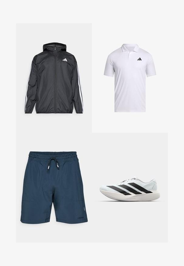 Schwarze Windjacke mit Kapuze, aus glattem, leichtem Material. Hat weiße Streifen entlang der Ärmel und ein Logo auf der Brust.; Weißes Polohemd aus atmungsaktivem Stoff mit Kragen, kurzen Ärmeln und einem schwarzen Adidas-Logo auf der linken Brust.; Marineblaue Badeshorts aus leichtem Stoff mit elastischem Bund, Kordelzugverschluss und Seitentaschen. Markenzeichen sichtbar.; Leichte Laufschuhe in hellblau mit schwarzen Streifen. Sie verfügen über ein glattes Obermaterial, eine runde Zehenpartie und eine dicke weiße Zwischensohle, die mit "LIGHTSTRIKE PRO" beschriftet ist.