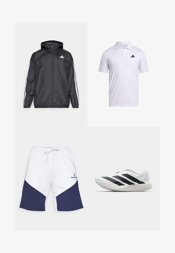 Fekete szélálló dzseki kapucnival, sima, könnyű anyagból. Fehér csíkokkal díszített az ujjak mentén és logóval a mellkason.; Fehér póló, lélegző anyagból készült, galléros, rövid ujjal, fekete Adidas logóval a bal mellen.; Fehér rövidnadrág sötétkék cseppmintával, rugalmas derékpánttal és zsinórral, valamint logóval a bal oldalon. Pamut anyag, sima textúrával.; Világoskék, fekete csíkos könnyű futószerek. Simább felső résszel, kerek orral és vastag fehér középtalppal, amelyen a "LIGHTSTRIKE PRO" felirat olvasható.