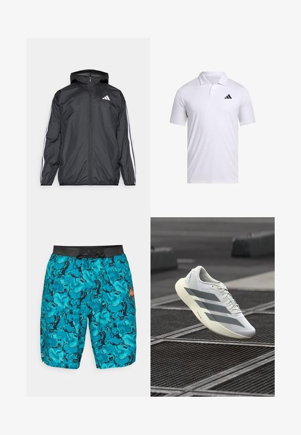 Melnā vēja izolācija jaka ar kapuci, izgatavota no gluda, viegla materiāla. Iekļautas baltas svītras gar piedurknēm un logo uz krūšu.; Balts polo krekls, kas izgatavots no elpojoša materiāla, ar apkakli, īsām piedurknēm un melnu Adidas logo kreisajā krūtī.; Tirkīza peldkostīmi ar melnu jostasvietu un auklu, rotāti ar virmojošu abstraktu rakstu un oranžu logotipa akcentu.; Balts sporta apavs ar teksturētu sieta augšdaļu, pelēkām svītrām un mīkstinātu zolīti. Viegls dizains, piemērots skriešanai.