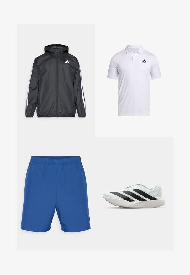 Casaco corta-vento preto com capuz, feito de material liso e leve. Apresenta riscas brancas ao longo das mangas e um logótipo no peito.; Camisola polo branca feita de tecido respirável com colarinho, com mangas curtas e um logo preto da Adidas no lado esquerdo do peito.; Calções atléticos azuis feitos de tecido leve. Apresentam uma cintura elástica e um design simples e liso, sem padrões ou acentos visíveis.; Tênis de corrida leves em azul pálido com riscas pretas. Apresentam um cabedal liso, bico redondo e uma entressola espessa branca rotulada como "LIGHTSTRIKE PRO."