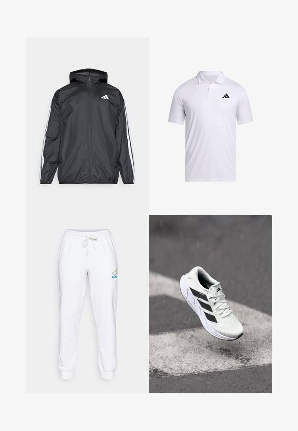 Crna jakna s kapuljačom, izrađena od glatkog, laganog materijala. Sadrži bijele pruge duž rukava i logo na prsima.; Bijela polo majica od prozračnog materijala s kragnom, kratkim rukavima i crnim Adidas logom na lijevoj strani prsnog koša.; Bijele pamučne trenirke s elastičnim pojasom, podesivim vezicom i detaljem loga u plavim i dušičastim bojama na lijevom bedru.; Bjela atletska cipela s mrežastim gornjim dijelom s teksturom, crnim prugama, vezanjem na vezice i podstavljenim potplatom, lebdi iznad označene ceste.