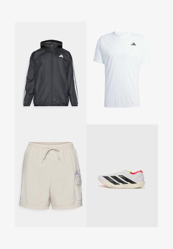 Μαύρο ανοιξιάτικο μπουφάν με κουκούλα, φτιαγμένο από λεία, ελαφριά ύφασμα. Διαθέτει λευκές ρίγες κατά μήκος των μανικιών και λογότυπο στο στήθος.; Λευκό αθλητικό μπλουζάκι κοντομάνικο από ελαφρύ ύφασμα, με μαύρο λογότυπο Adidas στο πάνω αριστερό μέρος του στήθους.; Μπεζ σορτσάκι με ελαστική μέση και κορδόνι. Διαθέτει μία πλαϊνή τσέπη cargo και ένα μικρό μωβ λογότυπο στην αριστερή πλευρά.; Λευκό αθλητικό παπούτσι με μαύρες ρίγες, νεόν πράσινες λεπτομέρειες και κόκκινη φτέρνα. Διαθέτει ελαφρύ σχέδιο και υφή στη σόλα για καλύτερη πρόσφυση.