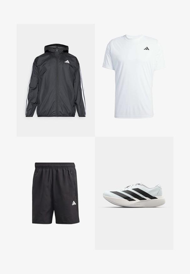 Svart vindjakke med hette, laget av glatt, lett materiale. Har hvite striper langs ermene og et logo på brystet.; Hvit kortermet treningst-skjorte laget av lett stoff med en svart Adidas-logo på øvre venstre bryst.; Svarte idrettsshorts med elastisk midjebånd, sidelommer med glidelås og en hvit logo på venstre ben. Lett og glatt tekstur.; Lette løpesko i lys blå med svarte striper. Har en myk overdel, rund tå og tykk hvit mellomsole merket "LIGHTSTRIKE PRO."