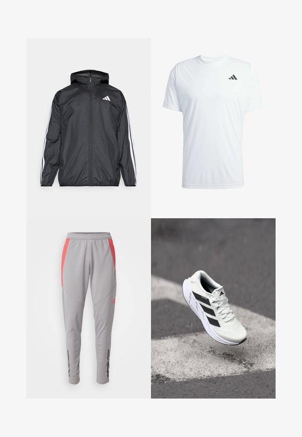 Črna vetrovka s kapuco, izdelana iz gladkega, lahkega materiala. Ima bele črte ob rokavih in logo na prsih.; Bela kratka športna majica s kratkimi rokavi, izdelana iz lahkega materiala, z črnim Adidasovim logotipom na zgornjem levem prsnem delu.; Sive športne hlače s pinki stranskimi poudarki, oprijet kroj, elastičen pas in črne navpične črte blizu gležnjev. Narejene iz gladkega, elastičnega materiala.; Bela atletska čevlja z teksturiranim mrežastim zgornjim delom, črnimi črtami, zavezovanjem na vezalke in oblazinjenim podplatom, lebdi nad označeno cesto.