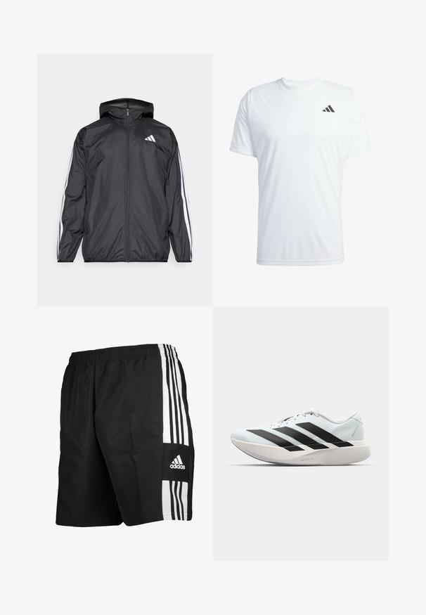 Black windbreaker jacket with a hood, made of smooth, lightweight material. Features white stripes along sleeves and a logo on the chest.; White short-sleeve athletic t-shirt made of lightweight fabric featuring a black Adidas logo on the upper left chest.; Black athletic shorts with an elastic waistband, featuring three white vertical stripes on the side and the Adidas logo on the lower leg.; Lightweight running shoes in pale blue with black stripes. Features a smooth upper, round toe, and thick white midsole labeled "LIGHTSTRIKE PRO."