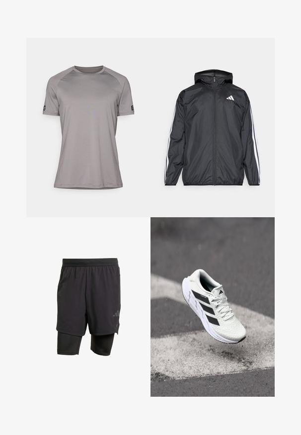 Crna jakna s kapuljačom, izrađena od glatkog, laganog materijala. Sadrži bijele pruge duž rukava i logo na prsima.; Siva kratka majica s kratkim rukavima i okruglim izrezom, izrađena od glatkog, laganog materijala. Ima logo na lijevom rukavu.; Crne atletske šortse s integriranim unutarnjim slojem, izrađene od prozračnog materijala. Sadrže suptilan logo i strukturiranu teksturu. Podesivi pojas.; Bjela atletska cipela s mrežastim gornjim dijelom s teksturom, crnim prugama, vezanjem na vezice i podstavljenim potplatom, lebdi iznad označene ceste.