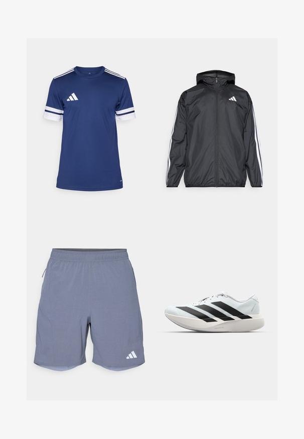 Casaco corta-vento preto com capuz, feito de material liso e leve. Apresenta riscas brancas ao longo das mangas e um logótipo no peito.; Camisola atlética azul-marinho com mangas curtas, detalhes em riscas brancas nas mangas e um logo branco no peito. Feita de um tecido liso e respirável.; adidas Performance Calções desportivos - onix; Tênis de corrida leves em azul pálido com riscas pretas. Apresentam um cabedal liso, bico redondo e uma entressola espessa branca rotulada como "LIGHTSTRIKE PRO."