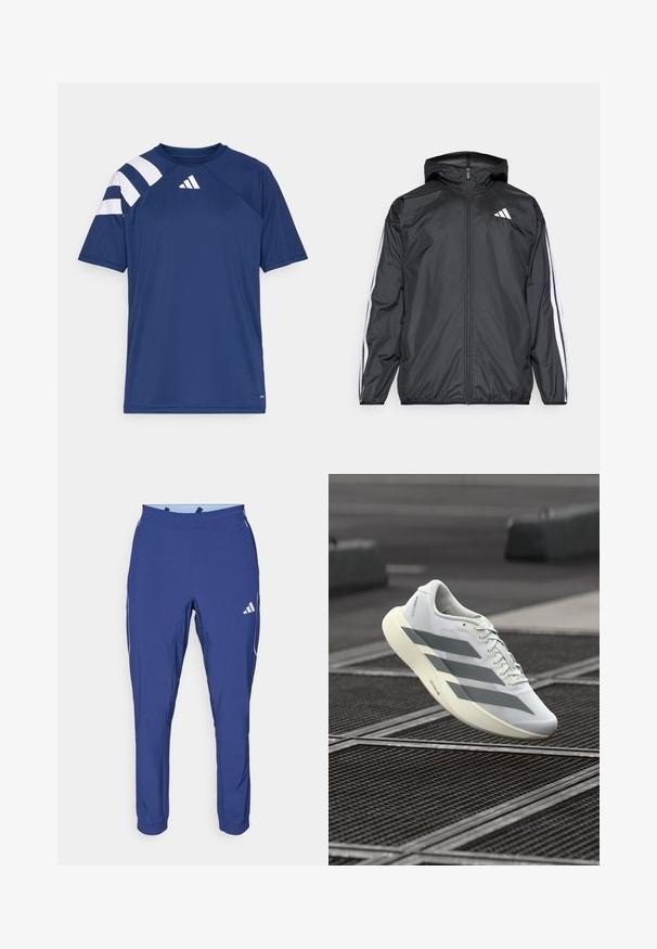 Fekete szélálló dzseki kapucnival, sima, könnyű anyagból. Fehér csíkokkal díszített az ujjak mentén és logóval a mellkason.; Sötétkék sportpóló, texturált anyagból, bal vállán fehér csíkokkal és egy kis logóval a nyakkivágás közelében.; adidas Performance TECH APP - Tréningruha alsók - dark blue/glow blue; Fehér sportcipő texturált hálós felsőrésszel, szürke csíkokkal és párnázott talppal. Könnyű kialakítás, alkalmas futáshoz.