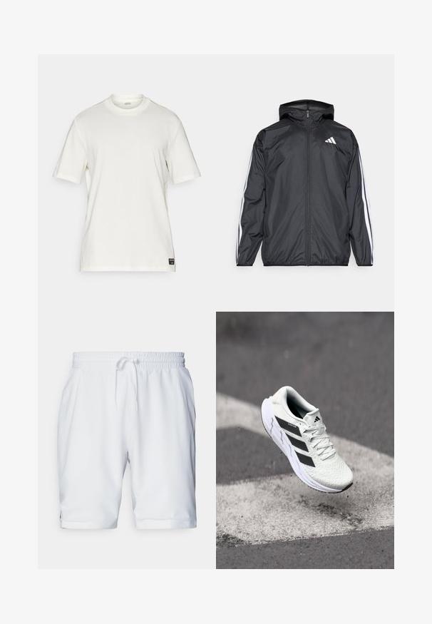 Black windbreaker jacket with a hood, made of smooth, lightweight material. Features white stripes along sleeves and a logo on the chest.; White cotton short-sleeve t-shirt with a crew neckline, minimalist design, and a small logo tag at the bottom left side.; White athletic shorts with an elastic waistband and adjustable drawstring. Smooth fabric with a subtle texture, featuring side pockets.; White athletic shoe with textured mesh upper, black stripes, lace closure, and a cushioned sole, levitating above a marked road surface.