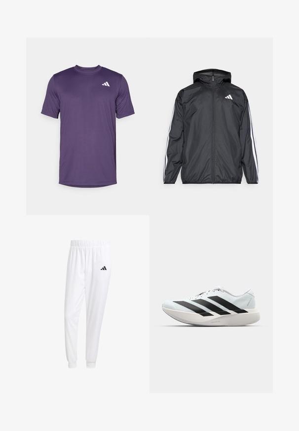 Svart vindjacka med huva, tillverkad av ett smidigt och lätt material. Har vita ränder längs ärmarna och en logotyp på bröstet.; Lila kortärmad tränings-t-shirt i lätt tyg, med rundad halsringning och en vit logotyp på övre vänstra sidan.; Vita atletiska byxor gjorda av slät tyg, med resårmidja och åtsittande manschetter, samt en svart logotyp på bakfickan.; Lätta löparskor i ljusblått med svarta ränder. Har en slät ovandel, rund tå och tjock vit mellansula märkt "LIGHTSTRIKE PRO."