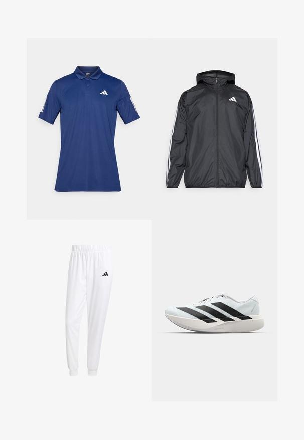 Fekete szélálló dzseki kapucnival, sima, könnyű anyagból. Fehér csíkokkal díszített az ujjak mentén és logóval a mellkason.; Sötétkék pólóing könnyű anyagból, klasszikus gallérral, rövid ujjal és fehér logókkal a mellen és az ujjon.; Fehér sportnadrág sima anyagból, rugalmas derékpánttal és szűkített bokákkal, a hátsó zsebében fekete logóval.; Világoskék, fekete csíkos könnyű futószerek. Simább felső résszel, kerek orral és vastag fehér középtalppal, amelyen a "LIGHTSTRIKE PRO" felirat olvasható.