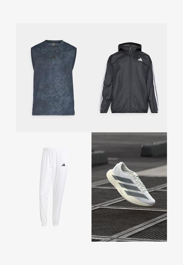 Mustakainen tuulitakki, jossa on huppu, valmistettu sileästä ja kevyestä materiaalista. Tässä takissa on valkoiset raidat hihoissa ja logo rinnassa.; Hihaton urheilu toppi tummansinisestä kankaasta, jossa on tekstuurinen pinta, hienovarainen kuvio ja musta Adidas-logo rinnassa.; Valkoiset urheiluhousut, jotka on valmistettu sileästä kankaasta, jossa on joustava vyötärö ja istuvat hihat, ja joissa on musta logo takataskussa.; Valkoinen urheilukenkä, jossa on teksturoitu verkkokangas päällinen, harmaat raidat ja pehmustettu pohja. Kevyt muotoilu, joka sopii juoksuun.