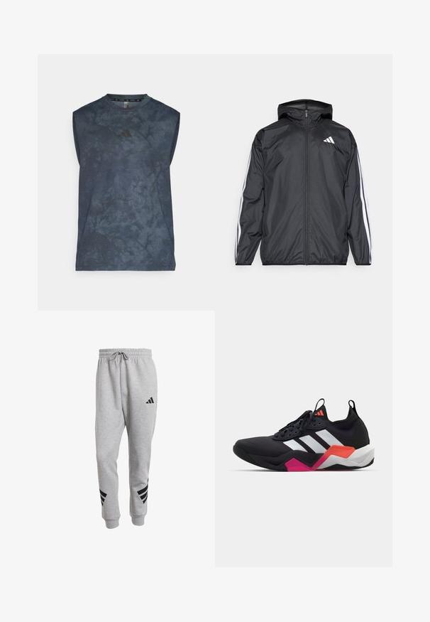 Schwarze Windjacke mit Kapuze, aus glattem, leichtem Material. Hat weiße Streifen entlang der Ärmel und ein Logo auf der Brust.; Ärmelloses Sportoberteil in Dunkelblau mit strukturierter Oberfläche, das ein dezentes Muster und ein schwarzes Adidas-Logo auf der Brust bietet.; Graue Jogginghose mit elastischem Bund und Kordelzug. Verfügt über schwarze Streifenakzente an den Unterschenkeln und ein Logodetail an der Seite.; Schwarzer Sportschuh mit weißen Streifen, strukturierter Oberseite und einer klobigen Sohle, die orangefarbene, rosa und weiße Akzente aufweist. Geflochtenes Design mit Zugschlaufe.