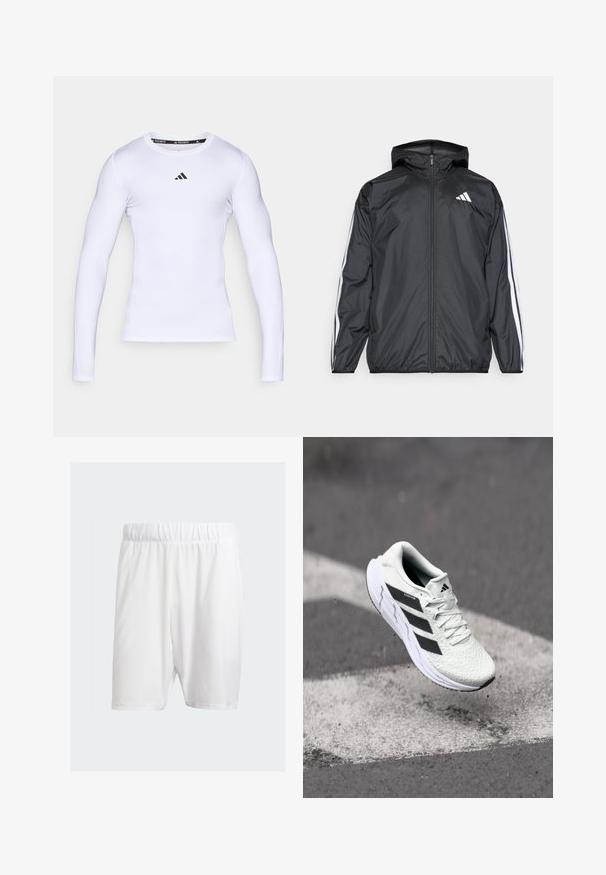 Črna vetrovka s kapuco, izdelana iz gladkega, lahkega materiala. Ima bele črte ob rokavih in logo na prsih.; Bela športna majica z dolgimi rokavi iz raztegljive tkanine, z okroglim izrezom in črnim logotipom Adidas na prsih.; Beli atletski kratki hlače iz lahkega materiala, z elastičnim pasom, gladko teksturo in dolžino do kolen.; Bela atletska čevlja z teksturiranim mrežastim zgornjim delom, črnimi črtami, zavezovanjem na vezalke in oblazinjenim podplatom, lebdi nad označeno cesto.