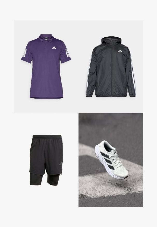 Čierna vetrovka s kapucňou, vyrobená z hladkého, ľahkého materiálu. Má biele pruhy pozdĺž rukávov a logo na hrudi.; Fialová polokošeľa z hladkej tkaniny, s golierom na tri gombíky, bielym logom Adidas na hrudi a tromi vertikálnymi pruhmi na rukávoch.; Čierne športové šortky s integrovanou vnútornou vrstvou, vyrobené z priedušného materiálu. Disponujú nenápadným logom a štruktúrovanou textúrou. Nastaviteľný pás.; Biele športové tenisky s textúrovaným sieťovaným zvrškom, čiernymi pruhmi, šnurovaním a polstrovanou podrážkou, levitujúce nad označeným povrchom cesty.