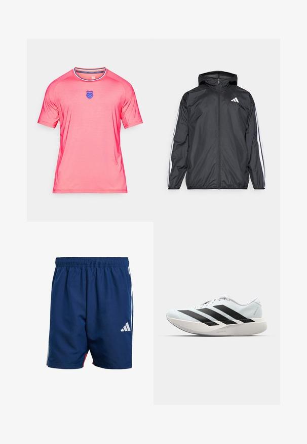 Black windbreaker jacket with a hood, made of smooth, lightweight material. Features white stripes along sleeves and a logo on the chest.; Pink short-sleeve T-shirt made of smooth, lightweight fabric. Features a round neckline and blue emblem at the chest.; Navy blue athletic shorts with an elastic waistband, side white stripes, and a small white logo on the lower left leg. Lightweight material.; Lightweight running shoes in pale blue with black stripes. Features a smooth upper, round toe, and thick white midsole labeled "LIGHTSTRIKE PRO."