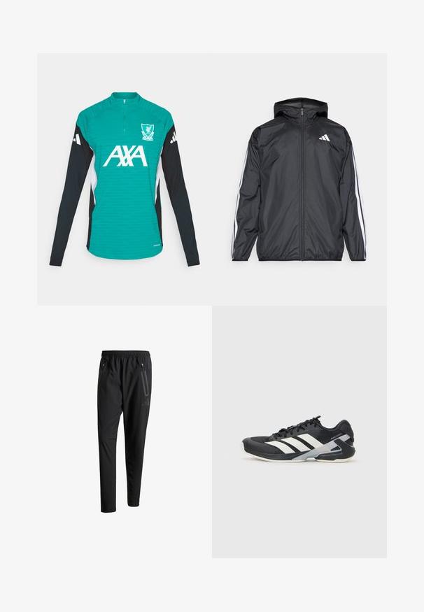 Must hele musta tuulejope, millel on kapuuts ja mis on valmistatud siledast, kergest materjalist. Omab valgeid triipasid varrukatel ja logo rinnal.; adidas Performance LIVERPOOL FC 25/26 EUROPEAN PRO TRAINING TOP - Klubiriided - sea green; Mustavad spordipüksid elastse vöökoha, kahe tõmblukuga küljetasku, kitsenevate säärete ning õrna logodetailiga puusadel.; Mustad sportlik jalanõud mustade värvidega, valgete triipudega, võrgusilma pealmine osa, ümar varvas ja pehme tallaga. Omab tekstureeritud kontsa ja kindlat paeltesüsteemi.