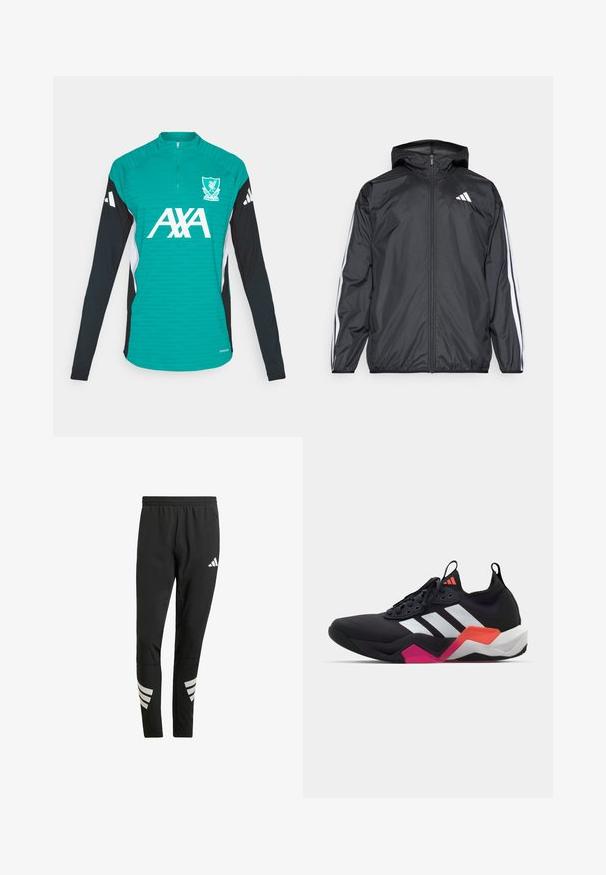 Casaco corta-vento preto com capuz, feito de material liso e leve. Apresenta riscas brancas ao longo das mangas e um logótipo no peito.; adidas Performance LIVERPOOL FC 25/26 EUROPEAN PRO TRAINING TOP - Roupa de discoteca - sea green; Calças atléticas pretas com um cós elástico, apresentando detalhes refletivos brancos em padrão riscado nas pernas inferiores. Feitas de um tecido suave.; Sapatilha atlética preta com riscas brancas, parte superior texturizada e sola robusta com detalhes em laranja, rosa e branco. Design com atacadores e alça de puxar.