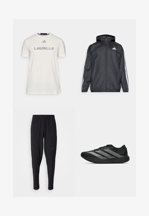 Černá větrovka s kapucí, vyrobená z hladkého, lehkého materiálu. Má bílé pruhy podél rukávů a logo na hrudi.; Bílá sportovní trička s krátkým rukávem vyrobená z měkké tkaniny, s šedým logem "LesMills", kulatým výstřihem a plochými švy.; Černé sportovní kalhoty s elastickým páskem, zúženým střihem, bočními kapsami a nenápadným logem. Vyrobeno z pružné, prodyšné látky.; Černé sportovní boty s lehkou konstrukcí, se třemi výraznými šedými pruhy, hladkým povrchem a tvarovanou podrážkou.