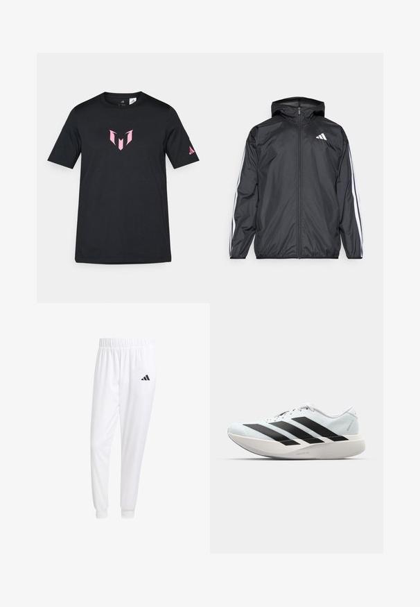 Schwarze Windjacke mit Kapuze, aus glattem, leichtem Material. Hat weiße Streifen entlang der Ärmel und ein Logo auf der Brust.; Schwarzes Kurzarm-T-Shirt aus Baumwolle, mit einem pinken geometrischen Logo auf der Brust und einem Adidas-Logo auf dem Ärmel.; Weiße Sporthose aus glattem Stoff, mit einem elastischen Bund und enganliegenden Bündchen, mit einem schwarzen Logo auf der Gesäßtasche.; Leichte Laufschuhe in hellblau mit schwarzen Streifen. Sie verfügen über ein glattes Obermaterial, eine runde Zehenpartie und eine dicke weiße Zwischensohle, die mit "LIGHTSTRIKE PRO" beschriftet ist.