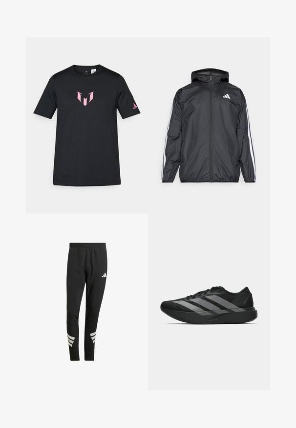 Svart vindjakke med hette, laget av glatt, lett materiale. Har hvite striper langs ermene og et logo på brystet.; Svart kortermet t-skjorte laget av bomull, med et rosa geometrisk logo på brystet og et Adidas-logo på ermet.; Sorte treningsbukser med elastisk midje, med reflekterende hvite detaljer i striper på underbena. Laget av et glatt stoff.; Sorte svarte treningssko med lett design, med tre fremtredende grå striper, en glatt tekstur og en formet såle.